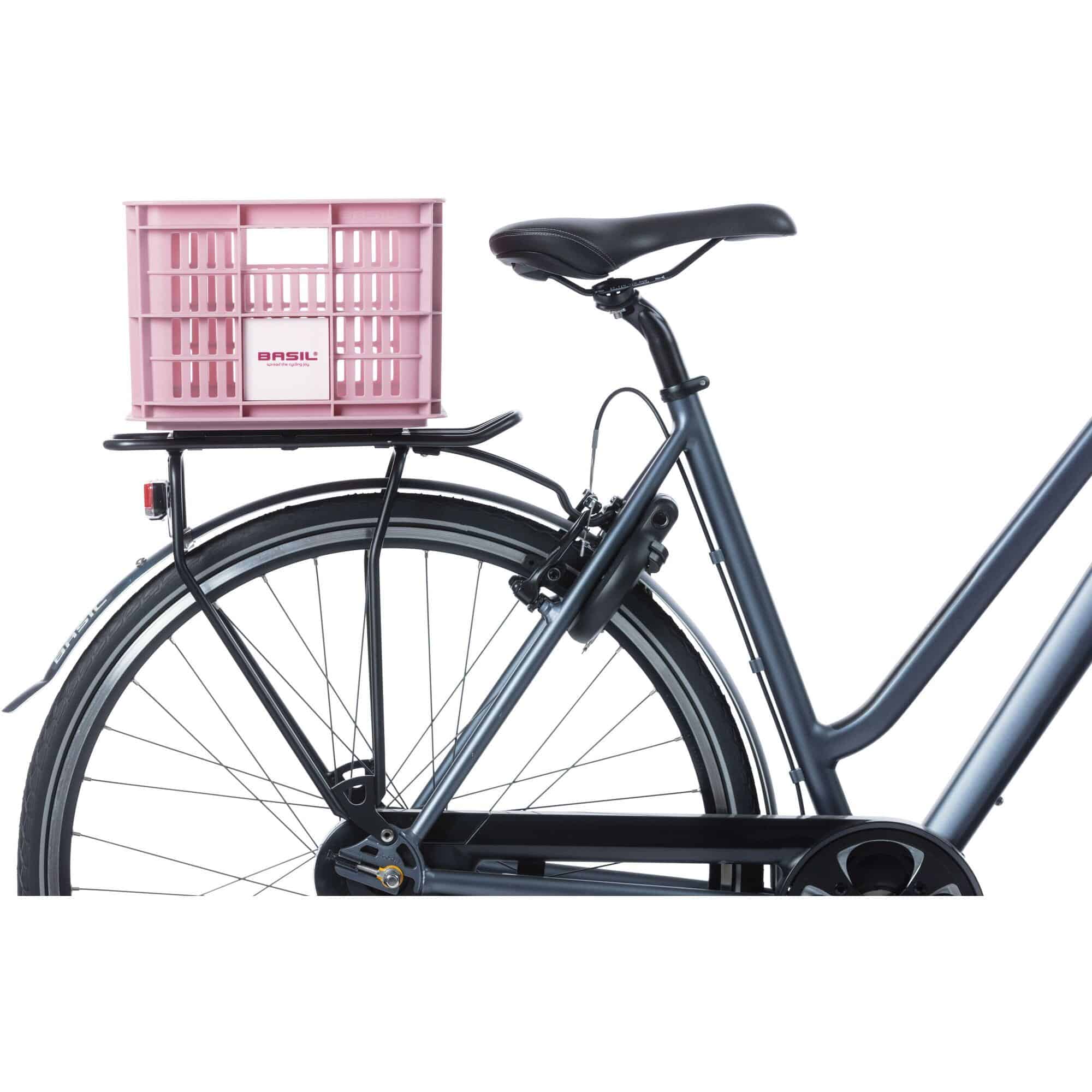 Pink Basil small bicycle crate with 17.5L capacity, eco-friendly bike basket, versatile mounting for accessories and storage.