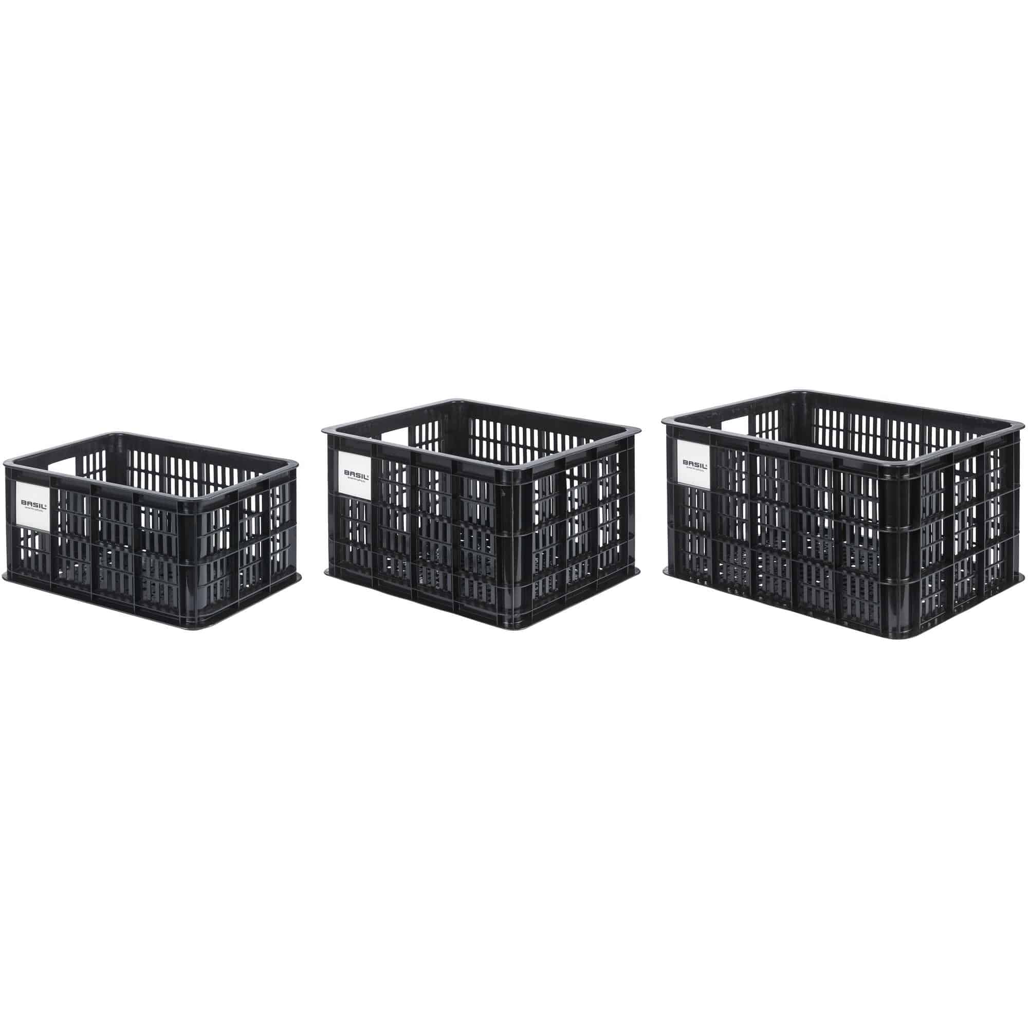 Black Basil Bicycle Crate MIK Small 17.5L recycled synthetic bike basket attached to a bike for carrying items.