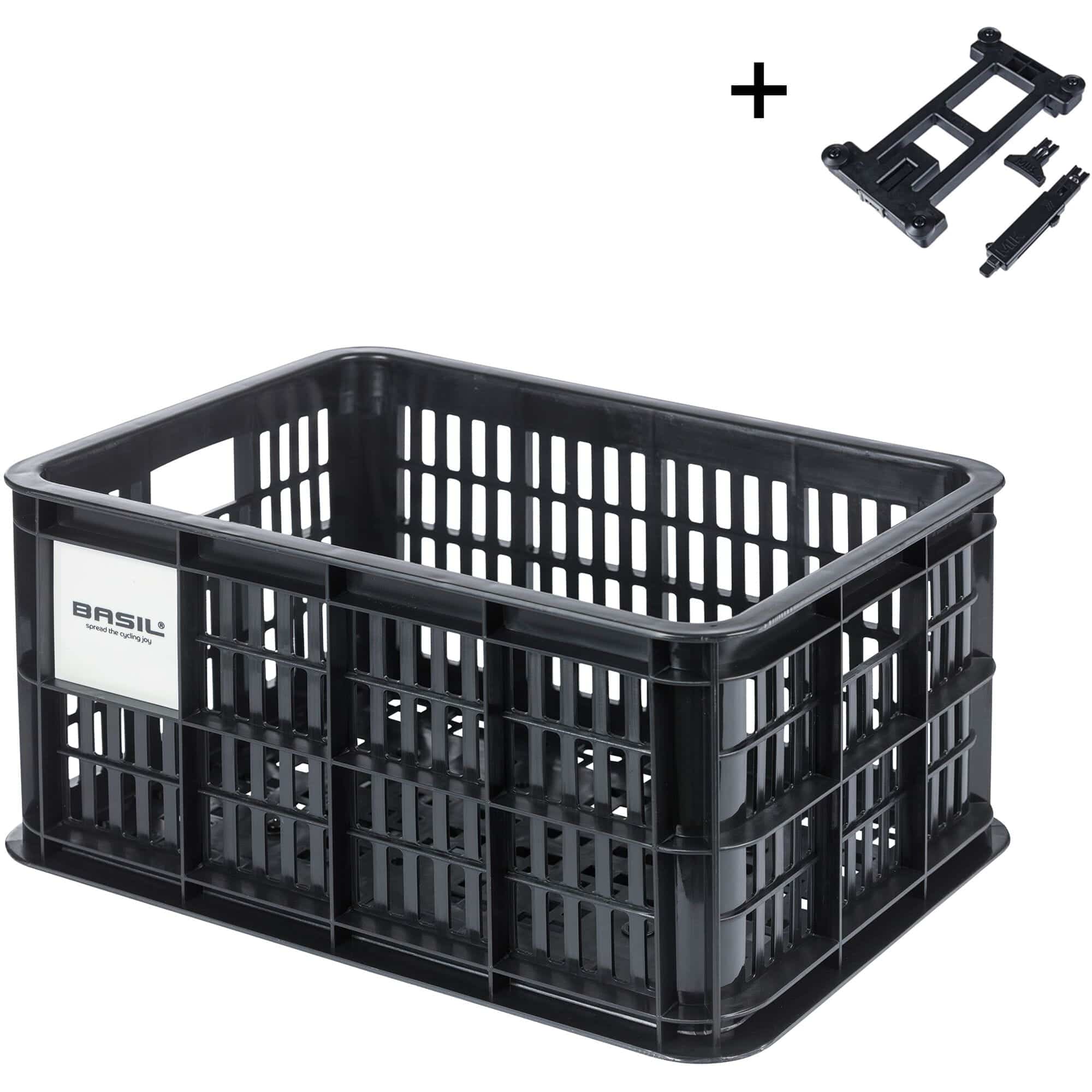 Black Basil Bicycle Crate MIK Small 17.5L recycled synthetic bike basket attached to a bicycle for carrying essentials.