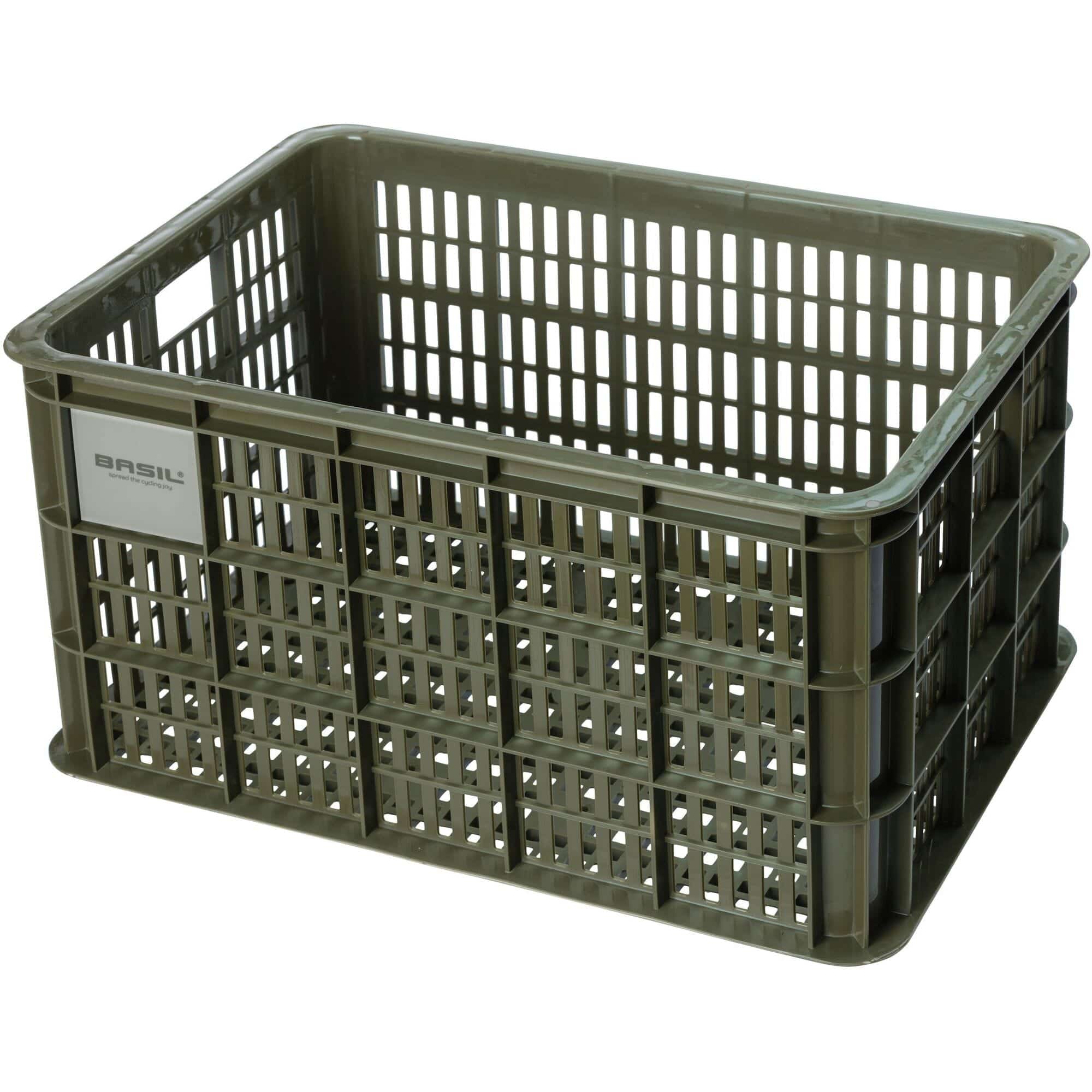 Large green Basil bicycle crate with 40-liter capacity, durable bike cargo basket for accessories and transport.