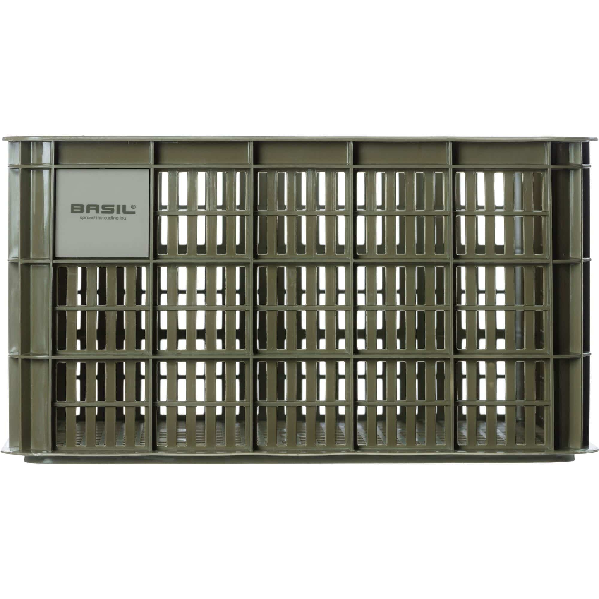 Large green Basil bicycle crate with 40-liter capacity, durable bike cargo basket for carrying items securely on bikes.