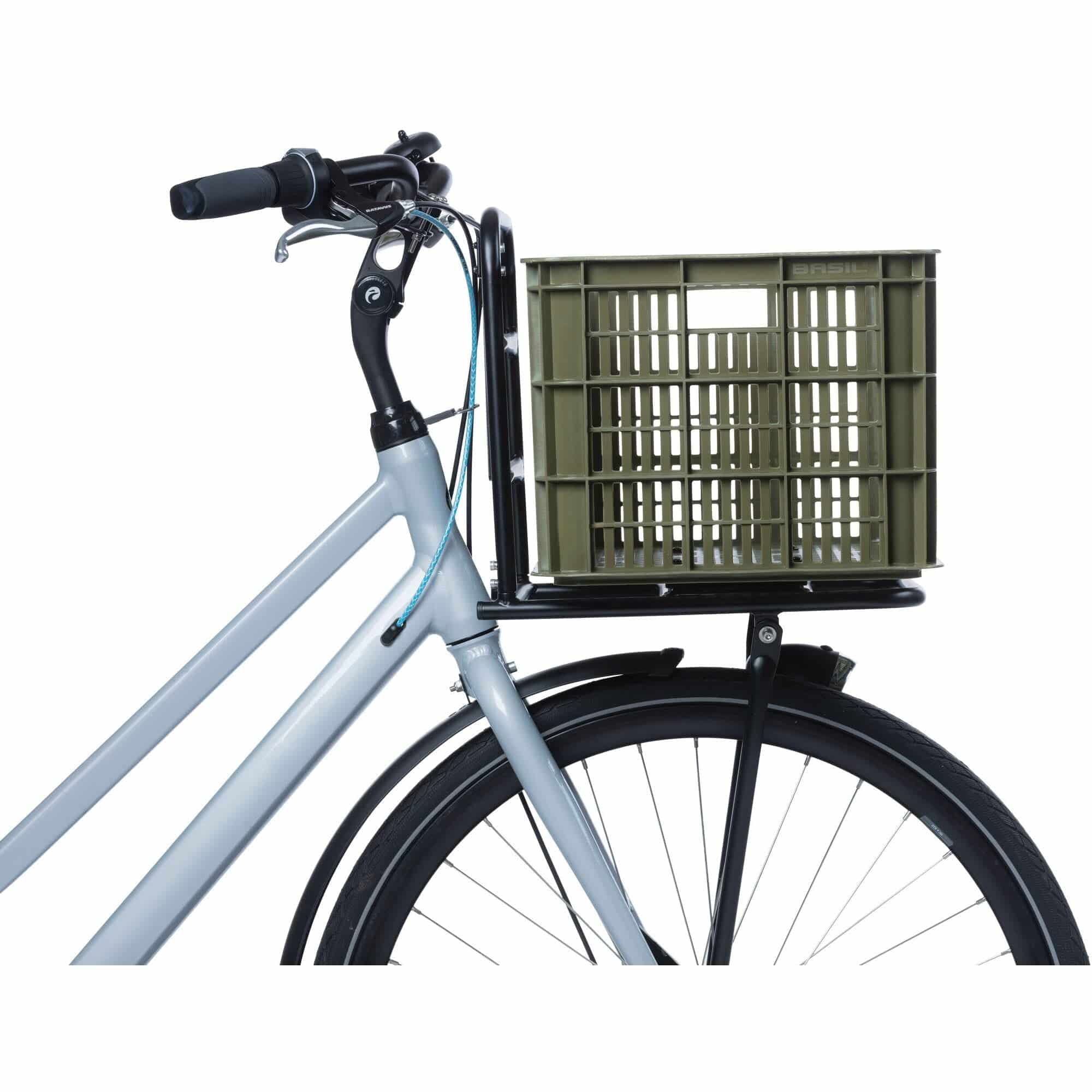 Large green Basil bicycle crate, 40-litre cargo basket with durable construction for bike accessories and storage.