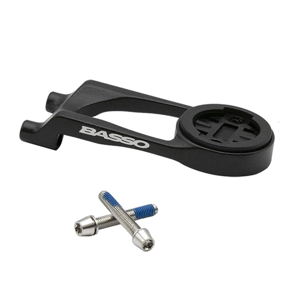 Basso Direct Stem Computer Mounts for Garmin Edge, Wahoo, and GoPro inserts on a bicycle handlebar.