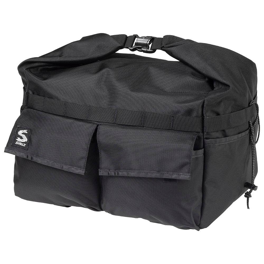 Surly Porteur House Rack Bag for commuting, showing a durable, black fabric bag attached to a porteur-style bike rack.