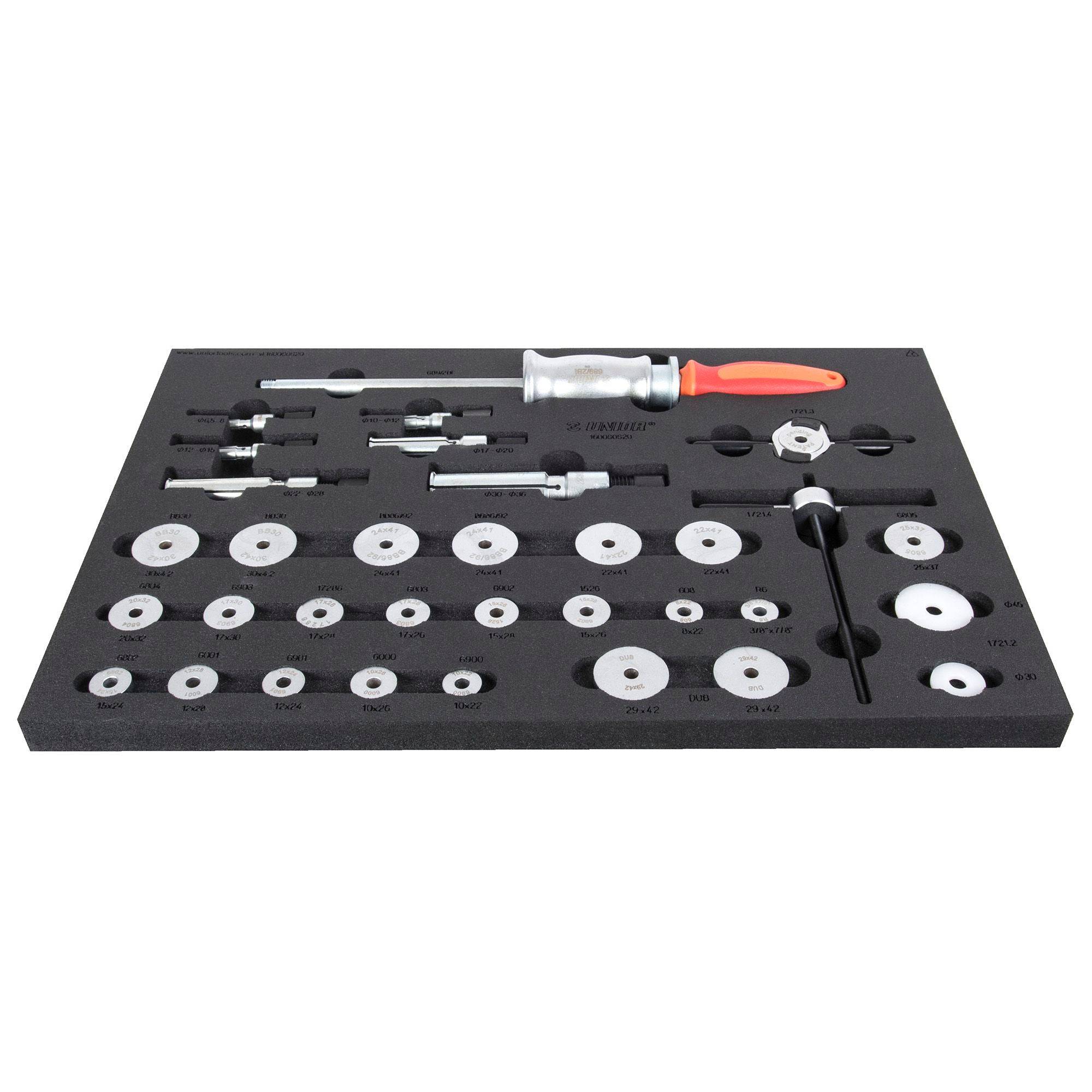 UNIOR red bearing press tool tray for organized workshop storage, featuring compartments for bearing tools and accessories.