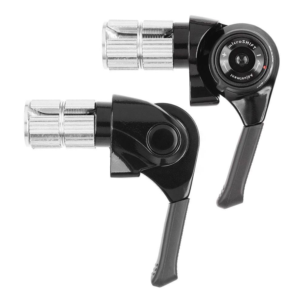 MicroSHIFT MT bar end shifters for MTB drop bar bikes, featuring adjustable tension and switchable index and friction modes.