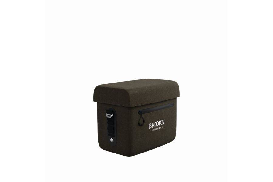 Brooks Scape waterproof handlebar bag in mud green with Klickfix mount attached to a bicycle handlebar.