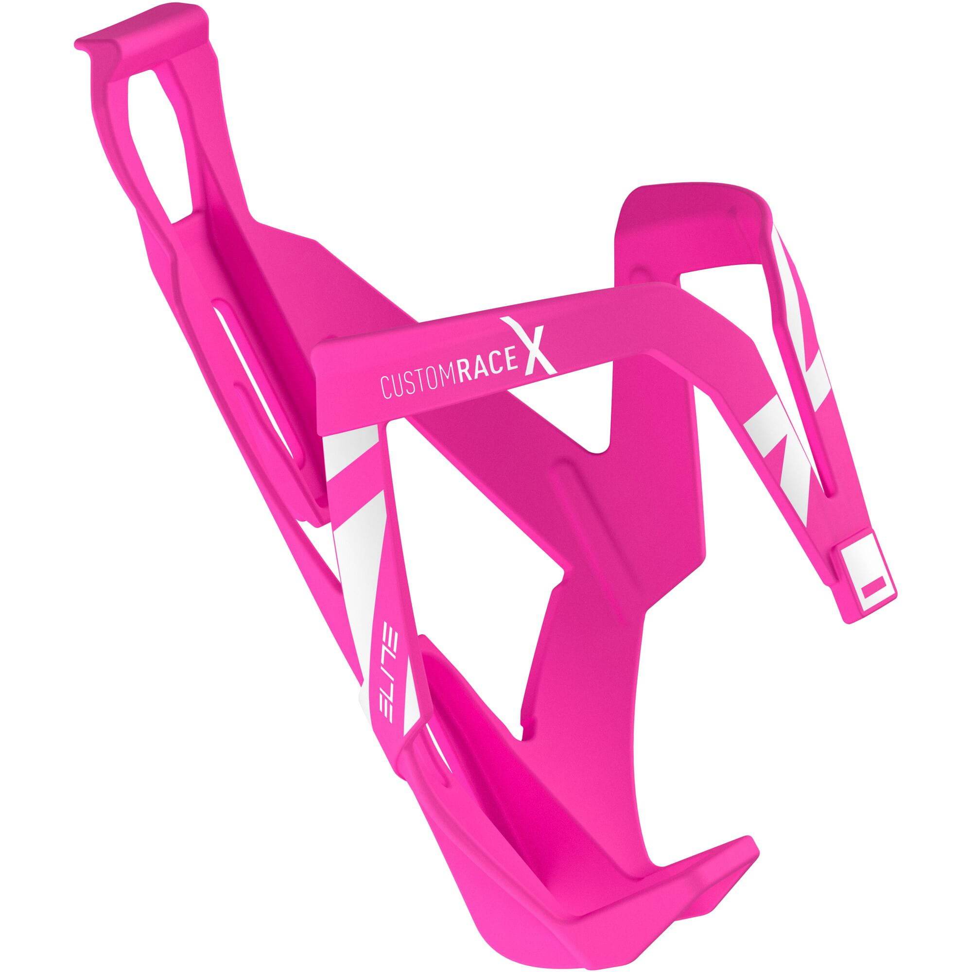 Elite Custom Race X Resin Bottle Cage in fluoro pink, lightweight cycling accessory with a sleek, durable design for bike hydration.