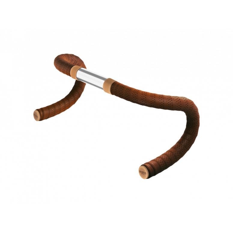 Brooks leather bar tape for bikes, perforated natural leather grip wrap, showcasing textured surface and ergonomic design for cycling.