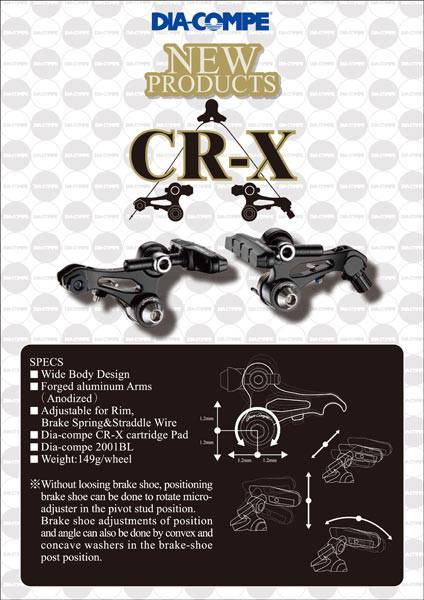 Dia-Compe CR-X cantilever brakes with adjustable forged aluminum arms and cartridge pads, bicycle component for reliable stopping power.