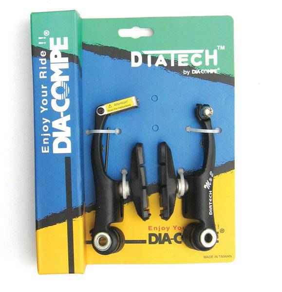 Dia-Compe MX-2 Lo-Pro V-type bike brakes with dual spring adjustment and low profile pads installed on a bicycle.