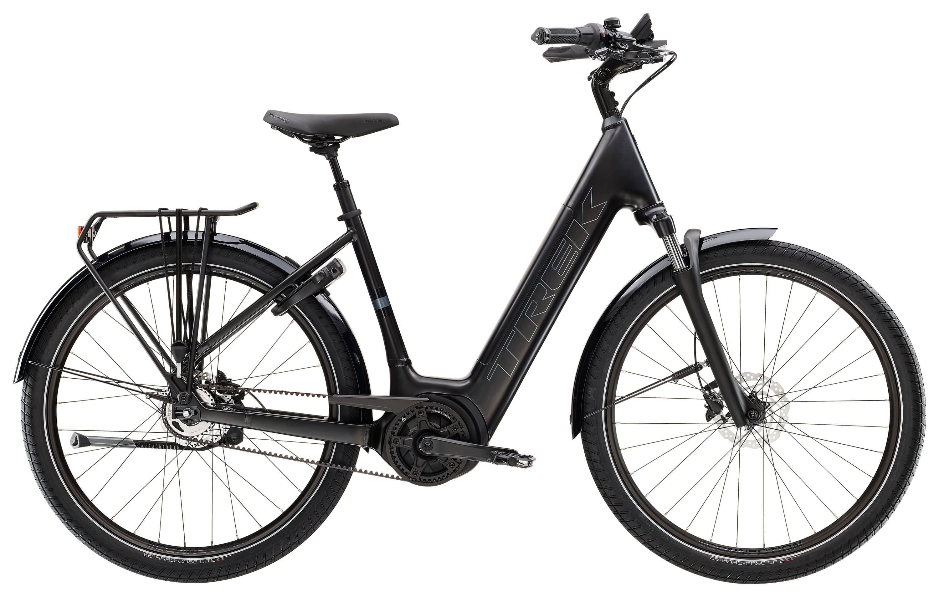 Trek District+ 4 Coaster Belt Lowstep e-bike with Bosch Smart System and Gates belt drive, shown from side view.
