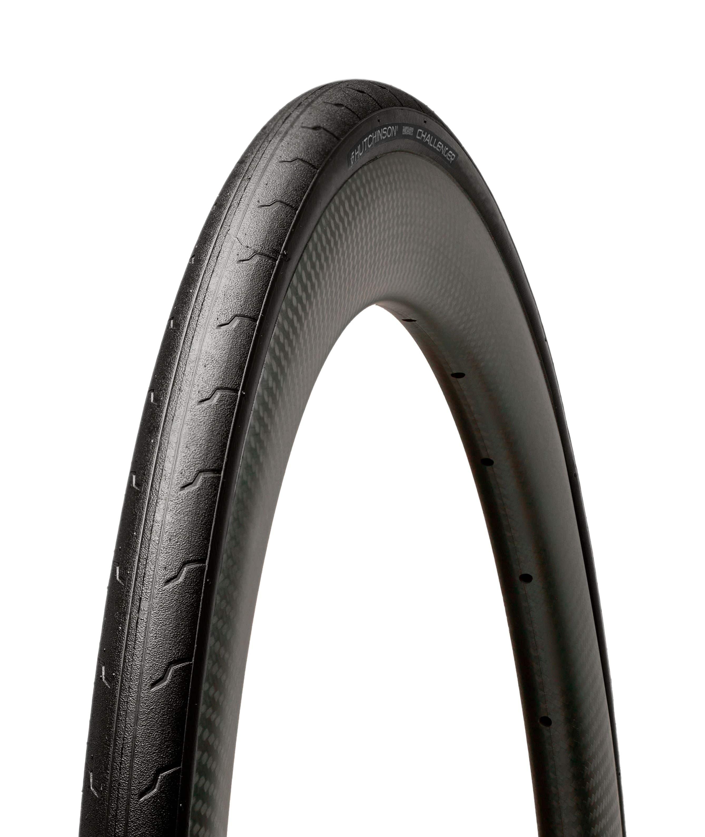 Hutchinson Challenger TR 700x32 tubeless ready black road tyre mounted on a bike wheel, showing durable rubber tread for road cycling.
