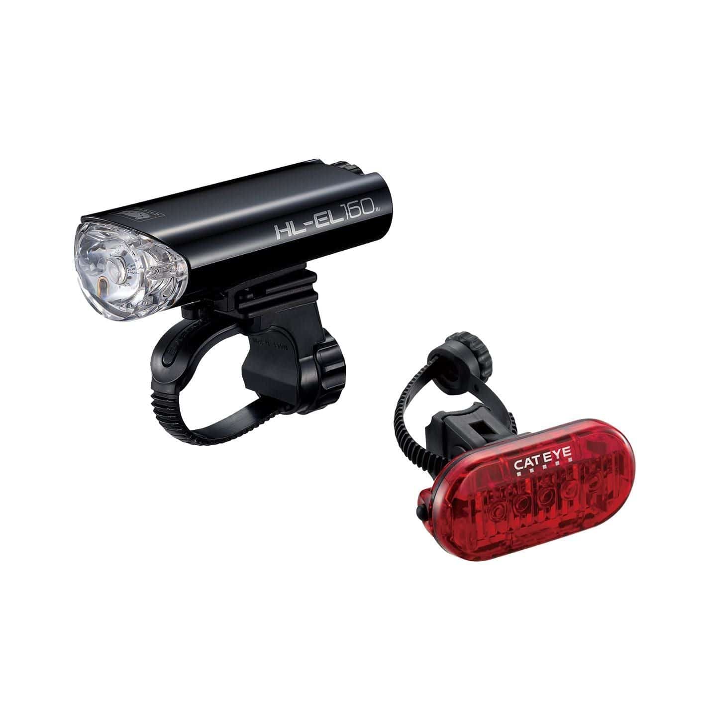 Cateye EL-160 front bike light and Omni 5 rear waterproof bike light set with 360° visibility on a bicycle.