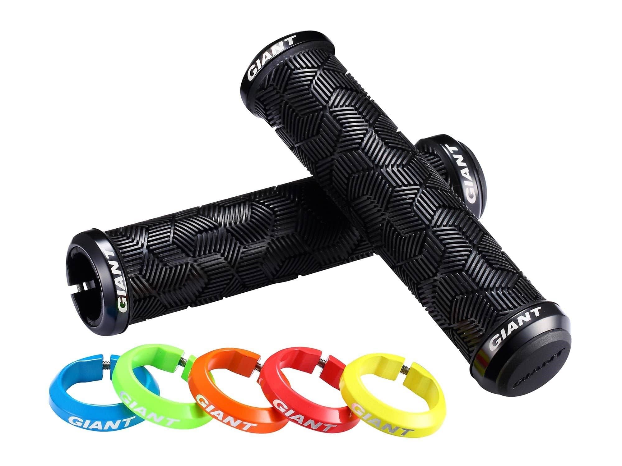 Giant Tactal Double Lock-On mountain bike grips with vibration reduction, shown on a bike handlebar, close-up view.