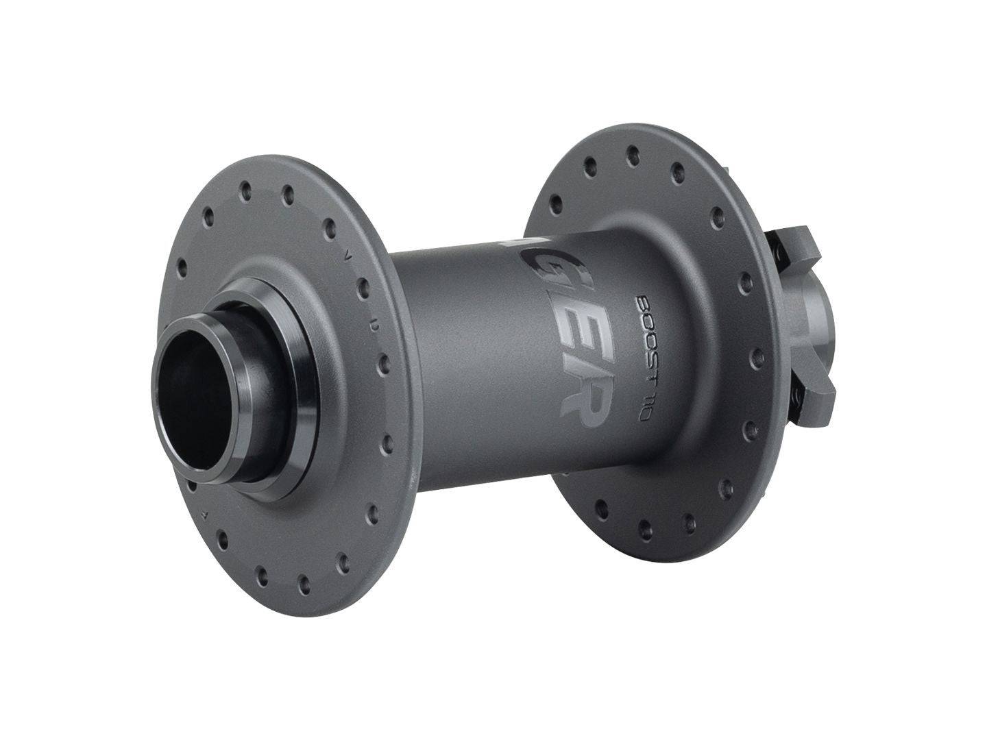 Bontrager Rapid Drive DH front hub with 110x20mm thru-axle, 28 spokes, black color, mounted on a bicycle wheel.