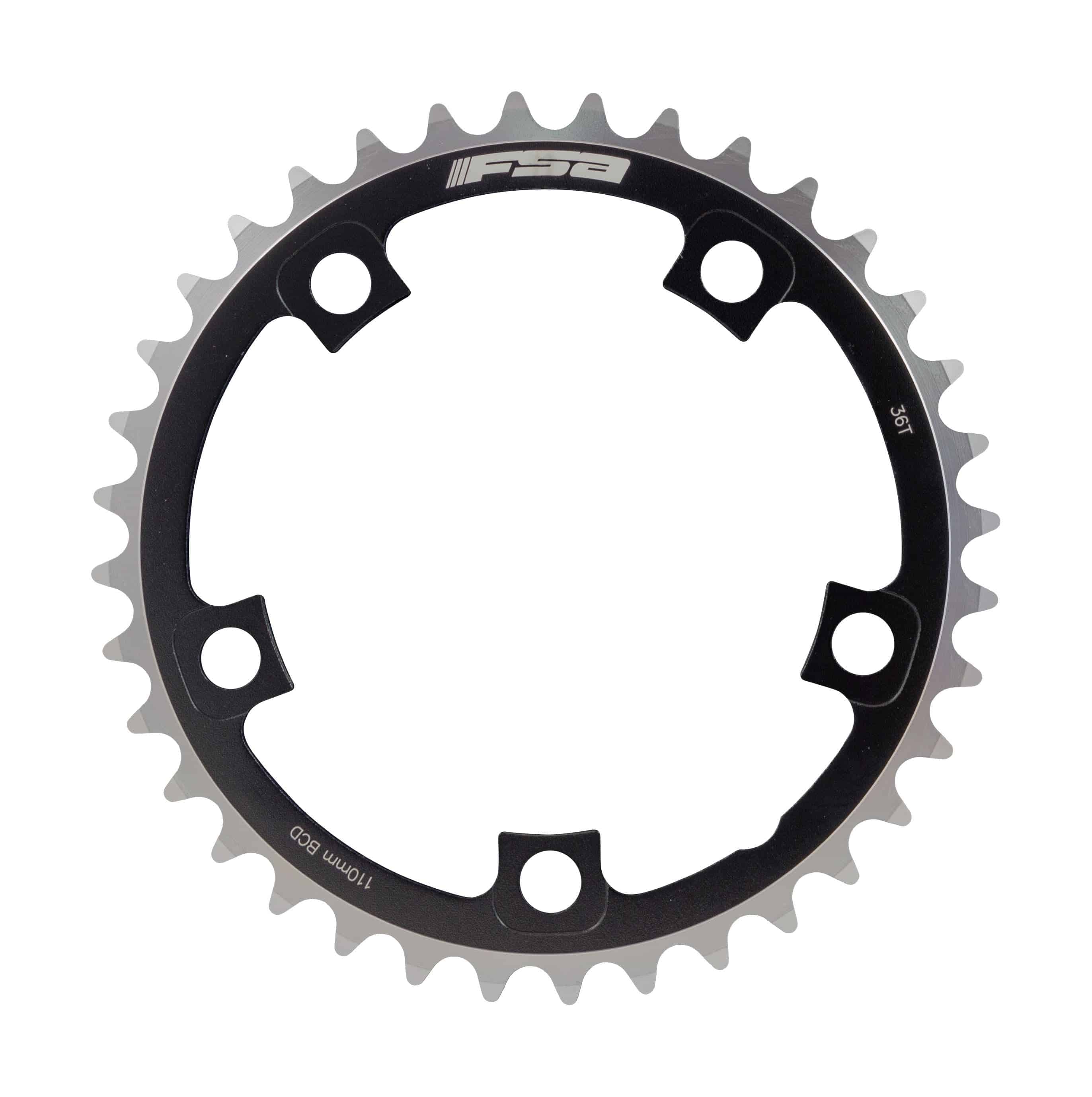 FSA Pro Road 2x11 speed chainring with 36T black anodized finish and 5-hole mounting for road bike components.