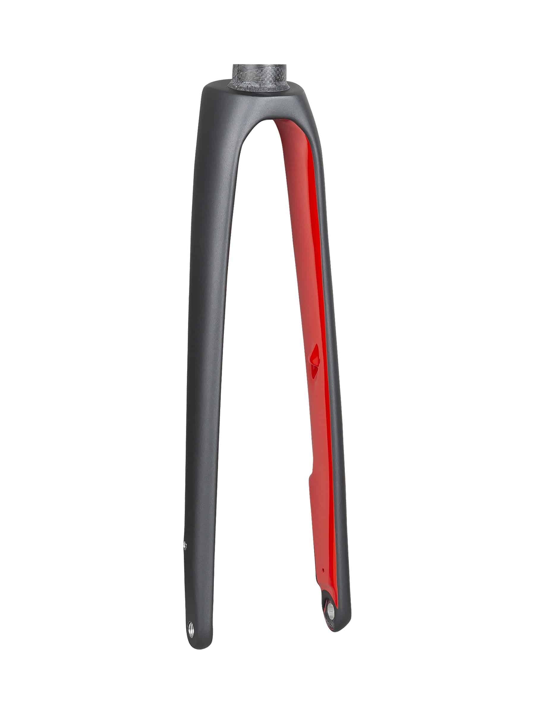 Trek Domane SLR 9 700C road bike fork in matte Dnister and Viper Red, lightweight carbon component for high-performance cycling.