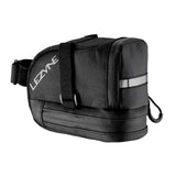 Lezyne L-Caddy black saddle bag with water-resistant zipper and reflective logos attached to a bicycle saddle.