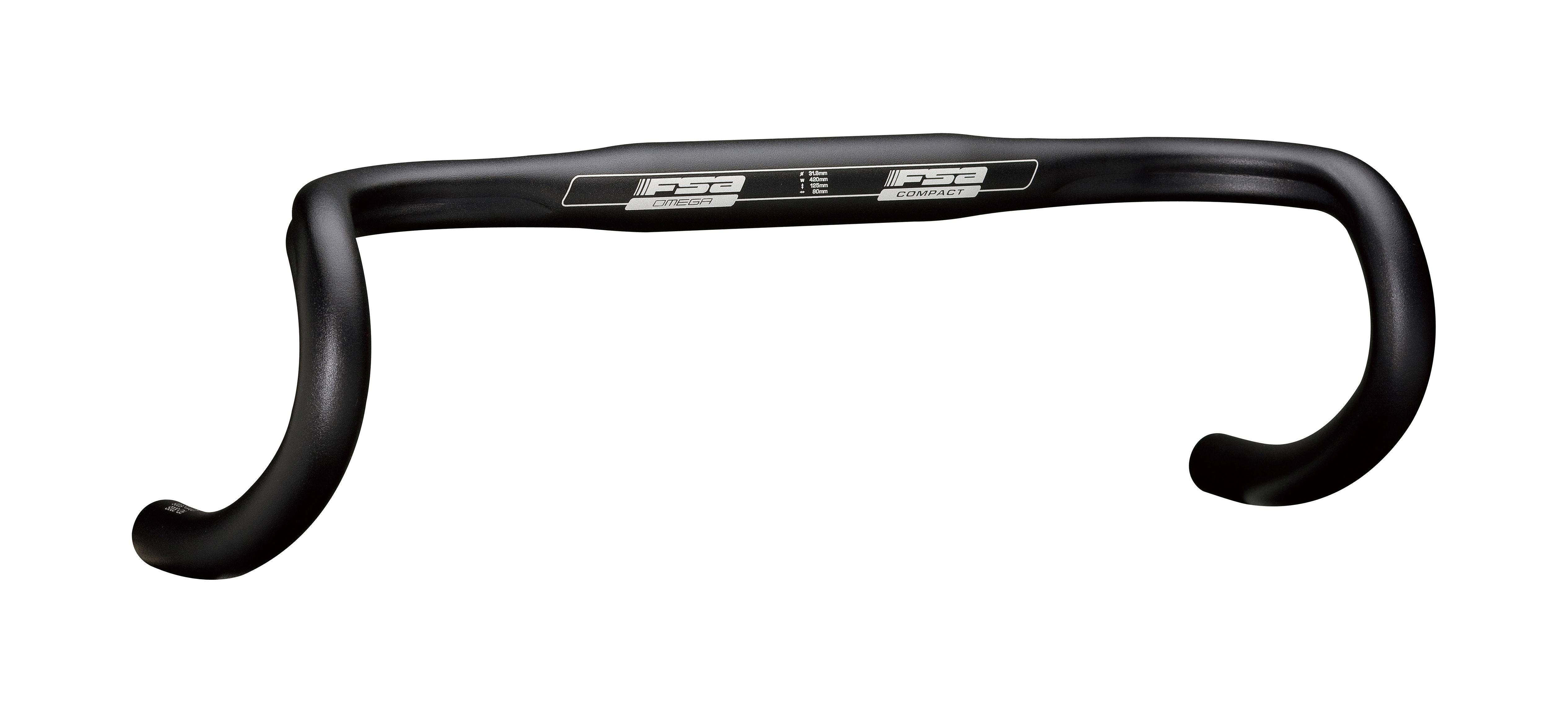 FSA Omega Compact Road Handlebar 31.8mm with ergonomic design for cycling, shown with sleek black finish and curved grip areas.