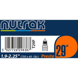 Nutrak Presta valve inner tube for 29-inch road cycling tires, showing the valve and tube exterior in close-up.