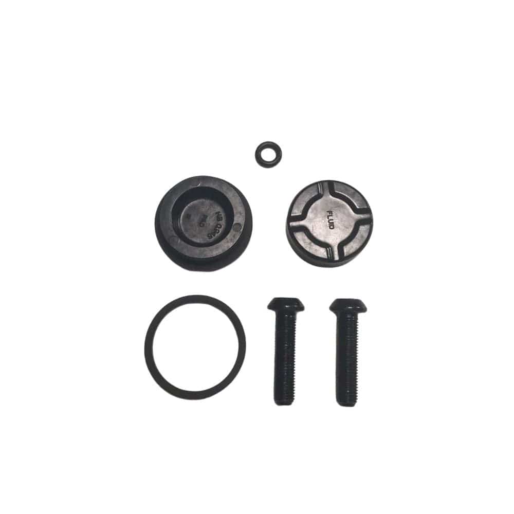 Hayes Dominion A2 caliper rebuild kit with brake components for repair and maintenance, featuring pistons, seals, and hardware.