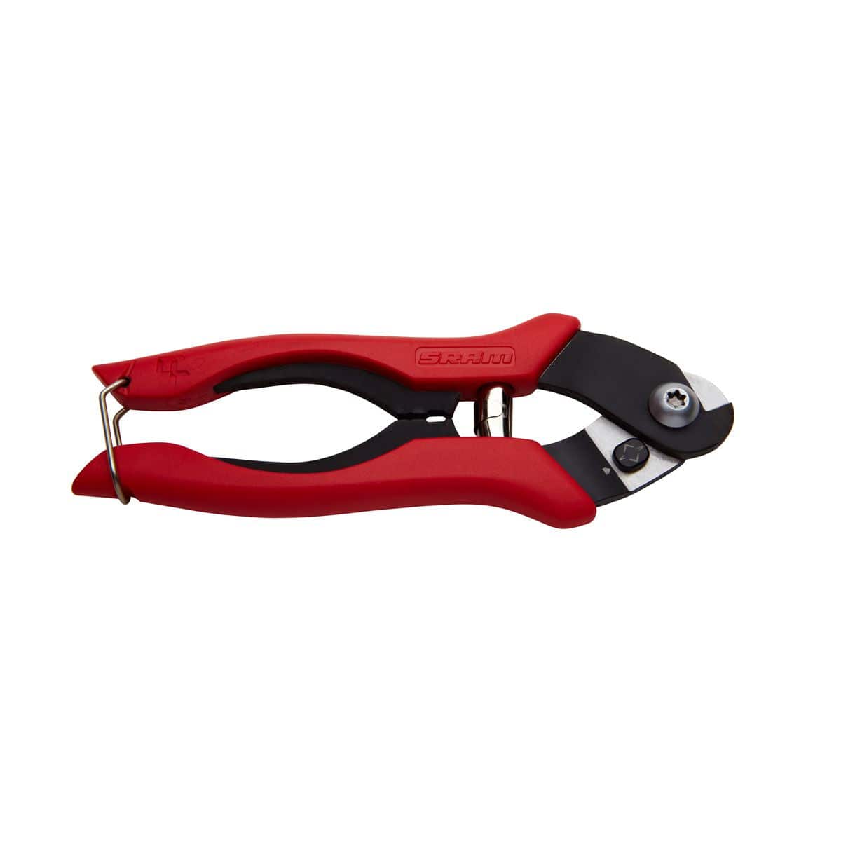 SRAM cable housing cutter tool with awl for precise bike cable maintenance, shown with cutting blade and handle in a workshop setting.