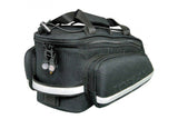Black Topeak RX TrunkBag EX bike rear rack bag with quick-release Mount, compact design, and multiple storage compartments.
