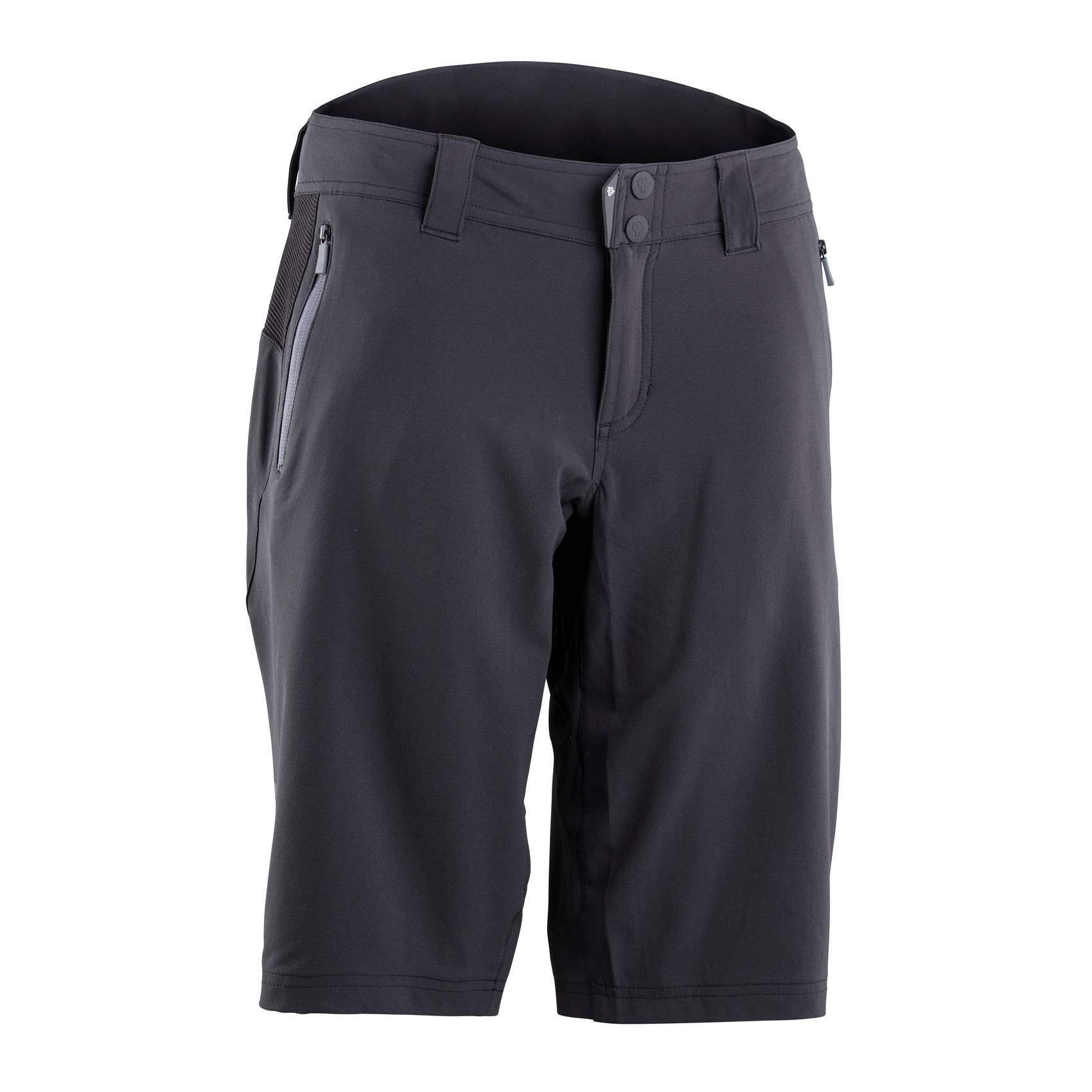 Race Face Nimby women's cycling shorts with adjustable waistband and pockets, shown in a close-up view of the fabric and design.