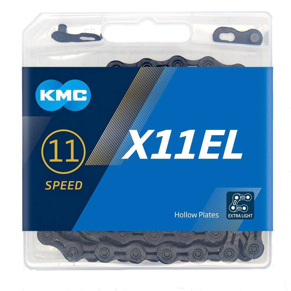KMC X11El 11-speed black bike chain with 118 links for road and mountain bike systems, durable and designed for smooth shifting.