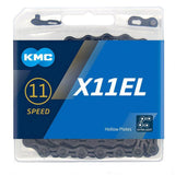 KMC X11El 11-speed black bike chain with 118 links for road and mountain bike systems, durable and designed for smooth shifting.