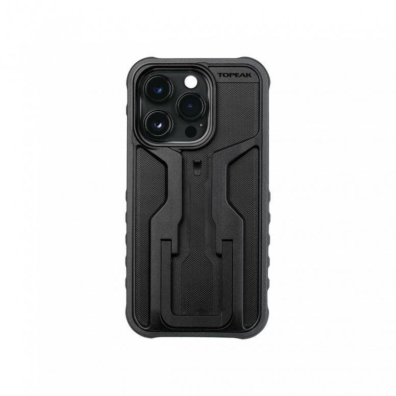 Topeak iPhone 14 Pro Ridecase black protective bike mount case showing the mounted phone with secure holder and cycling accessories