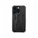 Topeak iPhone 14 Pro Ridecase black protective bike mount case showing the mounted phone with secure holder and cycling accessories