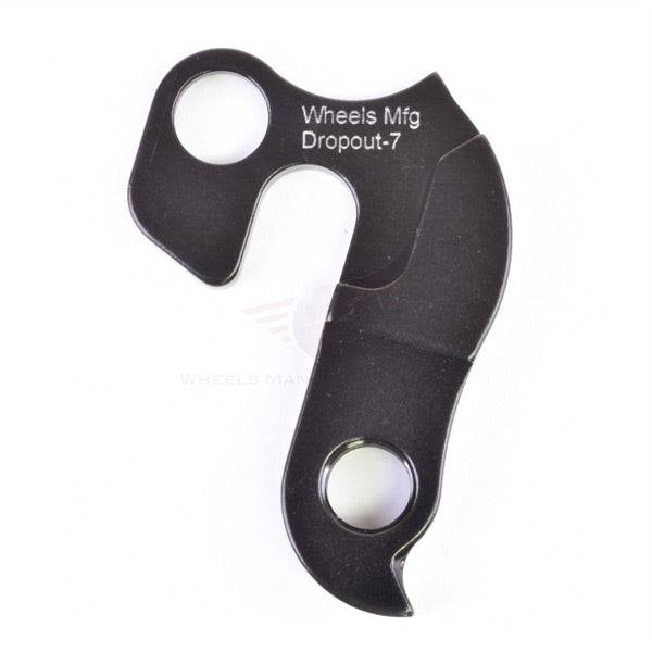 Wheels Manufacturing replaceable derailleur hanger dropout 7 for bike frames, showing a metal component attached to a bicycle frame.