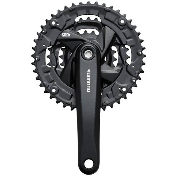 Shimano Acera FC-M371 MTB chainset with 44/32/22T chainrings and square taper bottom bracket on a bicycle.