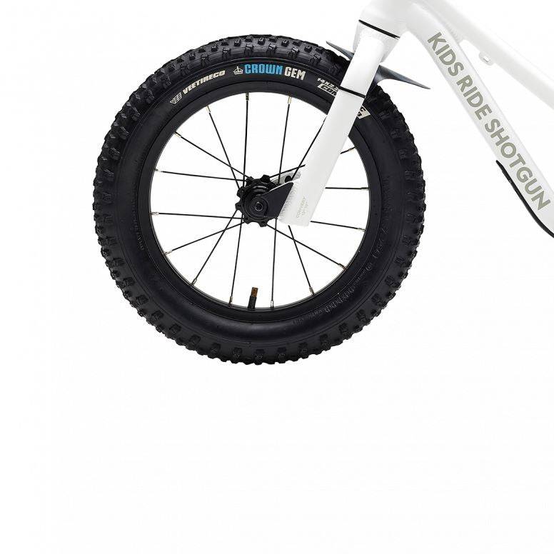 Kids Ride Shotgun Dirt Hero 14-inch wheel kit with Vee Crown Gem tires, disc brake mount, black color, for kids' bike accessories.