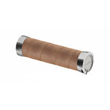 Brooks Slender Leather Bike Handlebar Grips with aluminium core and replaceable tape, showing close-up of textured leather surface.