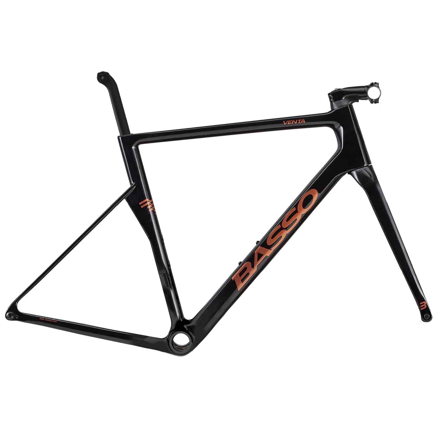 Basso Venta R Magma Black Carbon road frameset with disc brake compatibility, showcasing sleek black carbon frame and components.