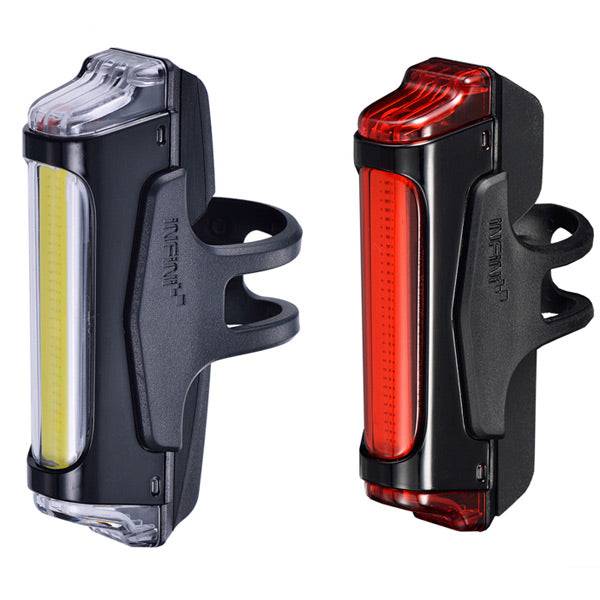 Infini Super Bright Bike Lightset with front and rear COB USB rechargeable lights, designed for enhanced visibility and safety.