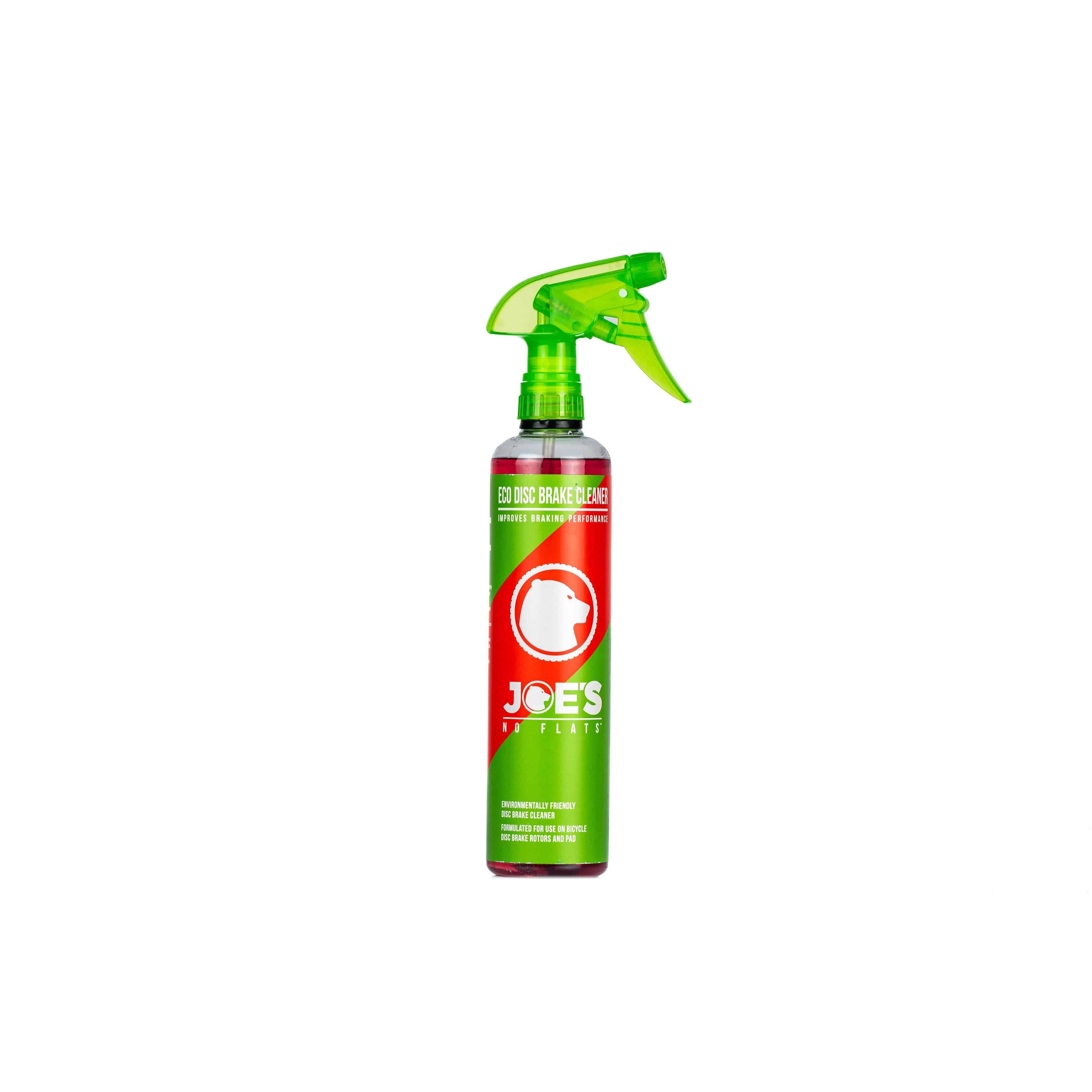Joe's No Flats Eco Disc Brake Cleaner in a workshop setting, showcasing the powerful, eco-friendly brake and parts cleaning solution.