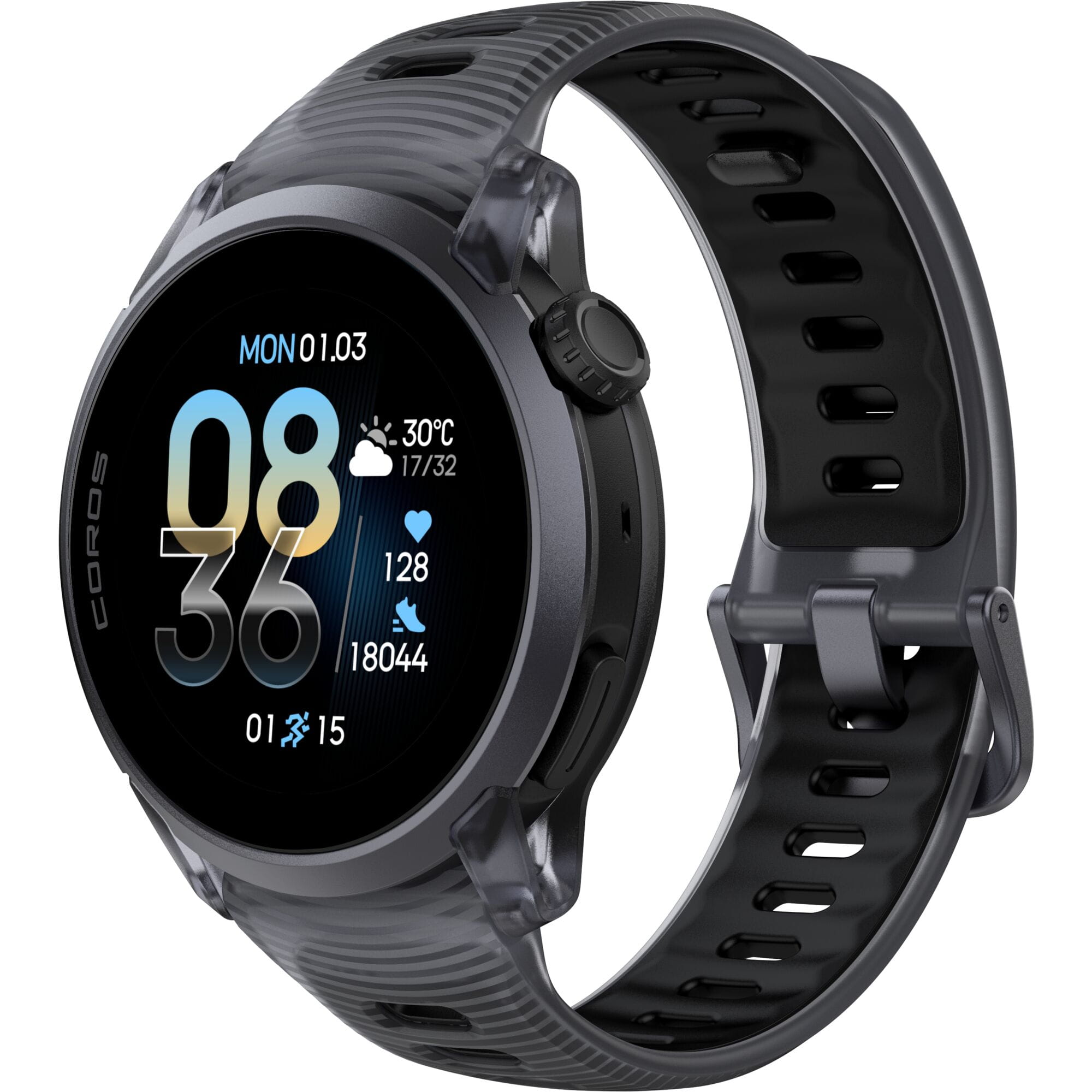 Coros PACE 4 GPS Sport Watch with AMOLED touchscreen and advanced running metrics, shown in black with crystal accents.