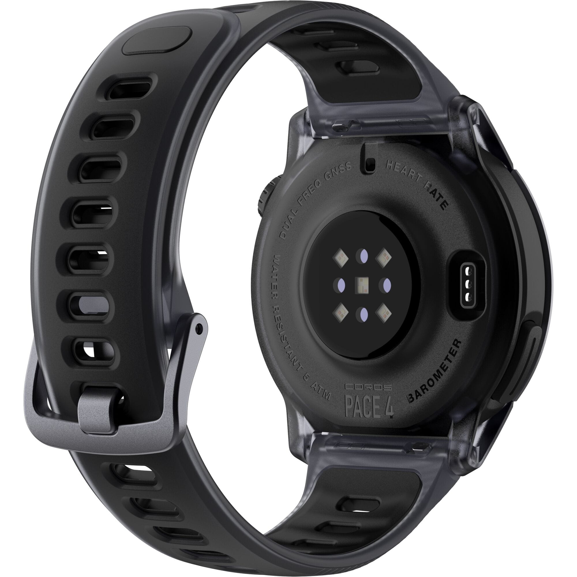 Coros PACE 4 GPS Sport Watch with AMOLED touchscreen and advanced running metrics, displayed on a black crystal background.