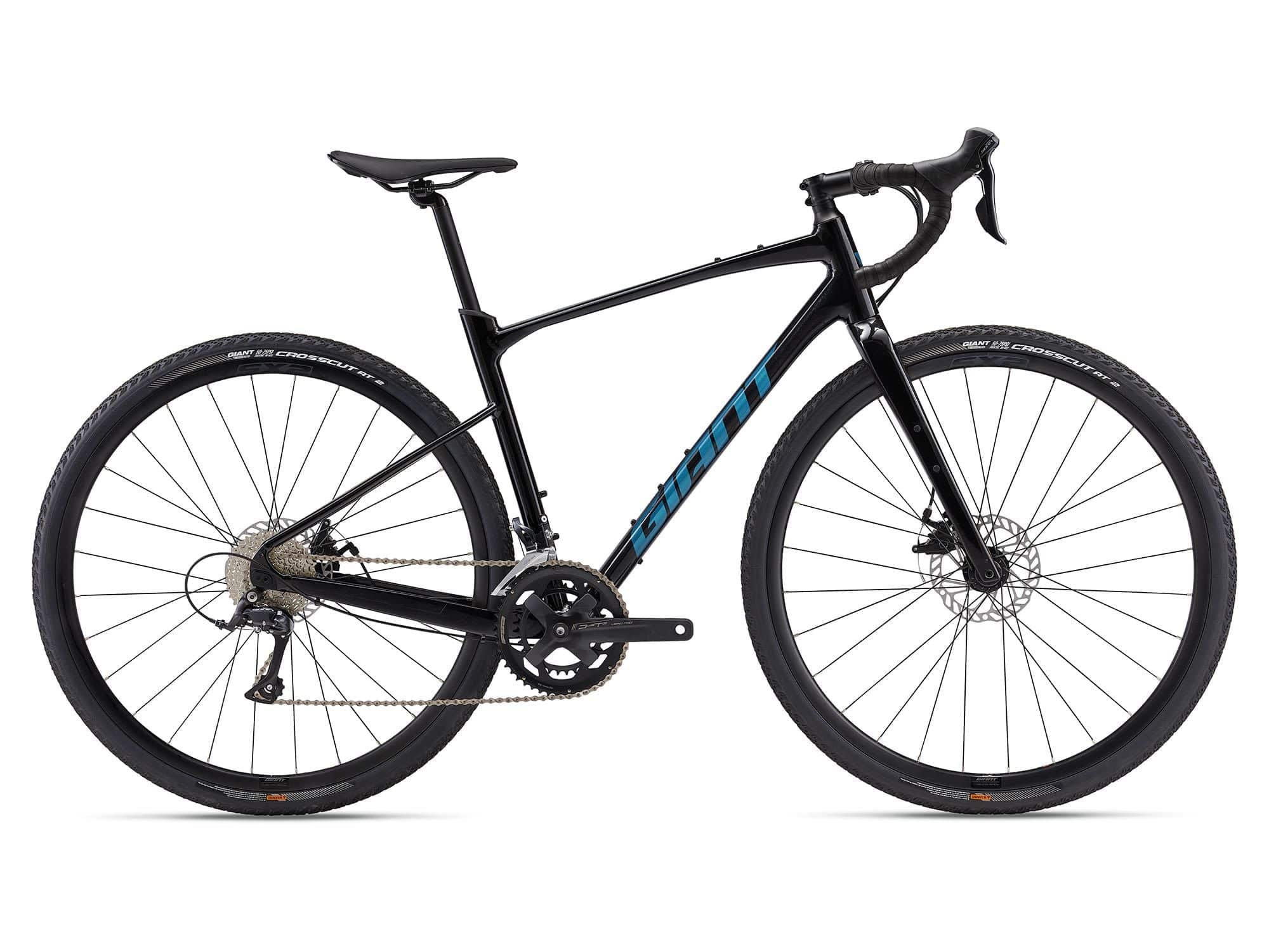 Giant Revolt 2 2024 gravel bike with Shimano Sora R3000 shifters and disc brakes, black frame, front view.