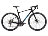 Giant Revolt 2 2024 gravel bike with Shimano Sora R3000 shifters and disc brakes, black frame, front view.