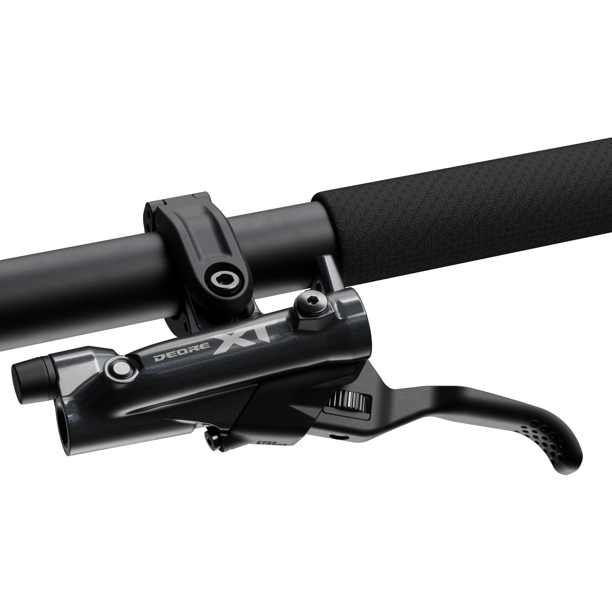 Shimano Deore XT BL-M8200 I-Spec EV brake lever for mountain bikes, showing the sleek black lever with mounting components.