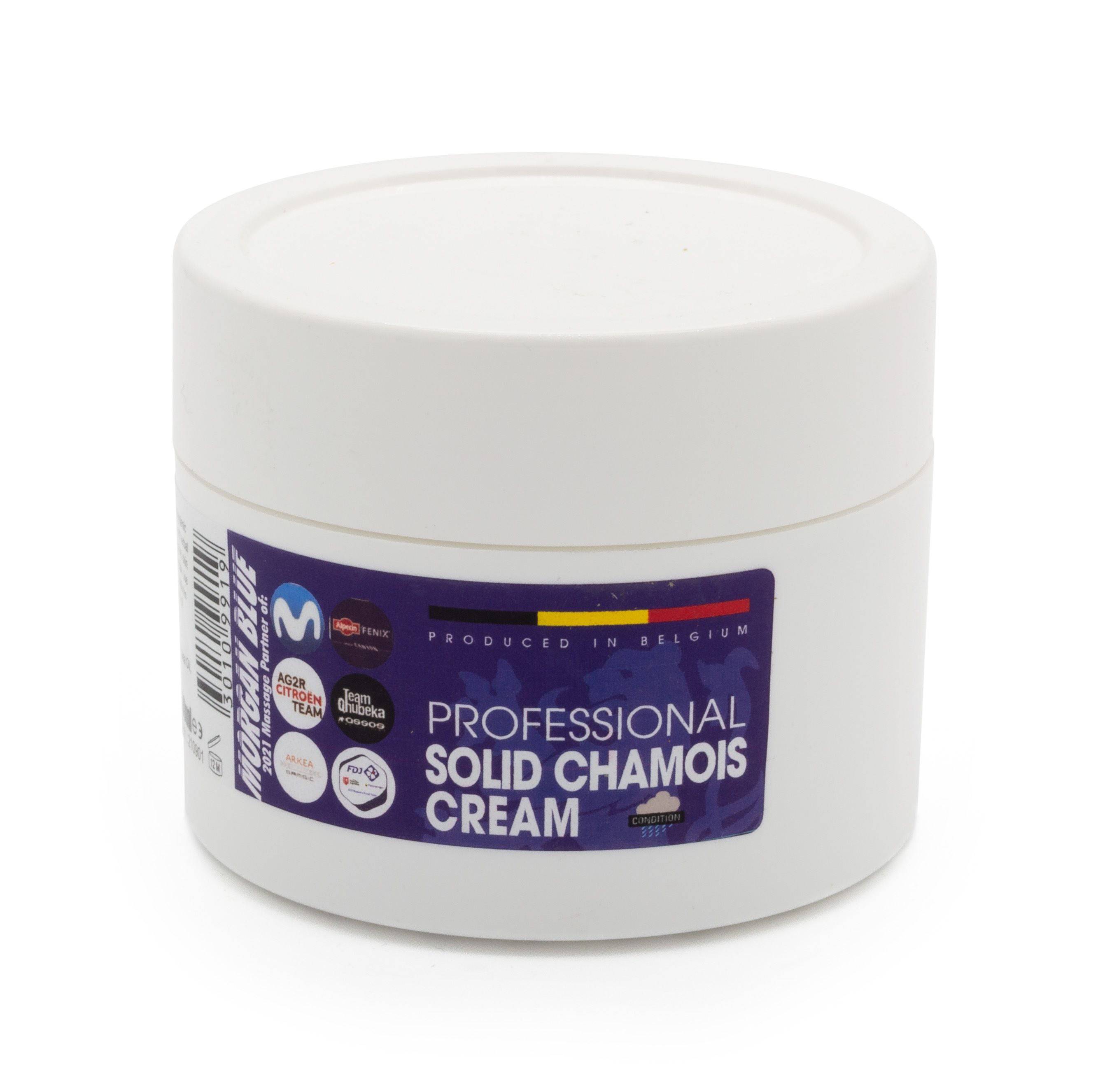 Morgan Blue chamois cream solid tub for cyclists, providing anti-chafing skin protection, shown in a close-up image.