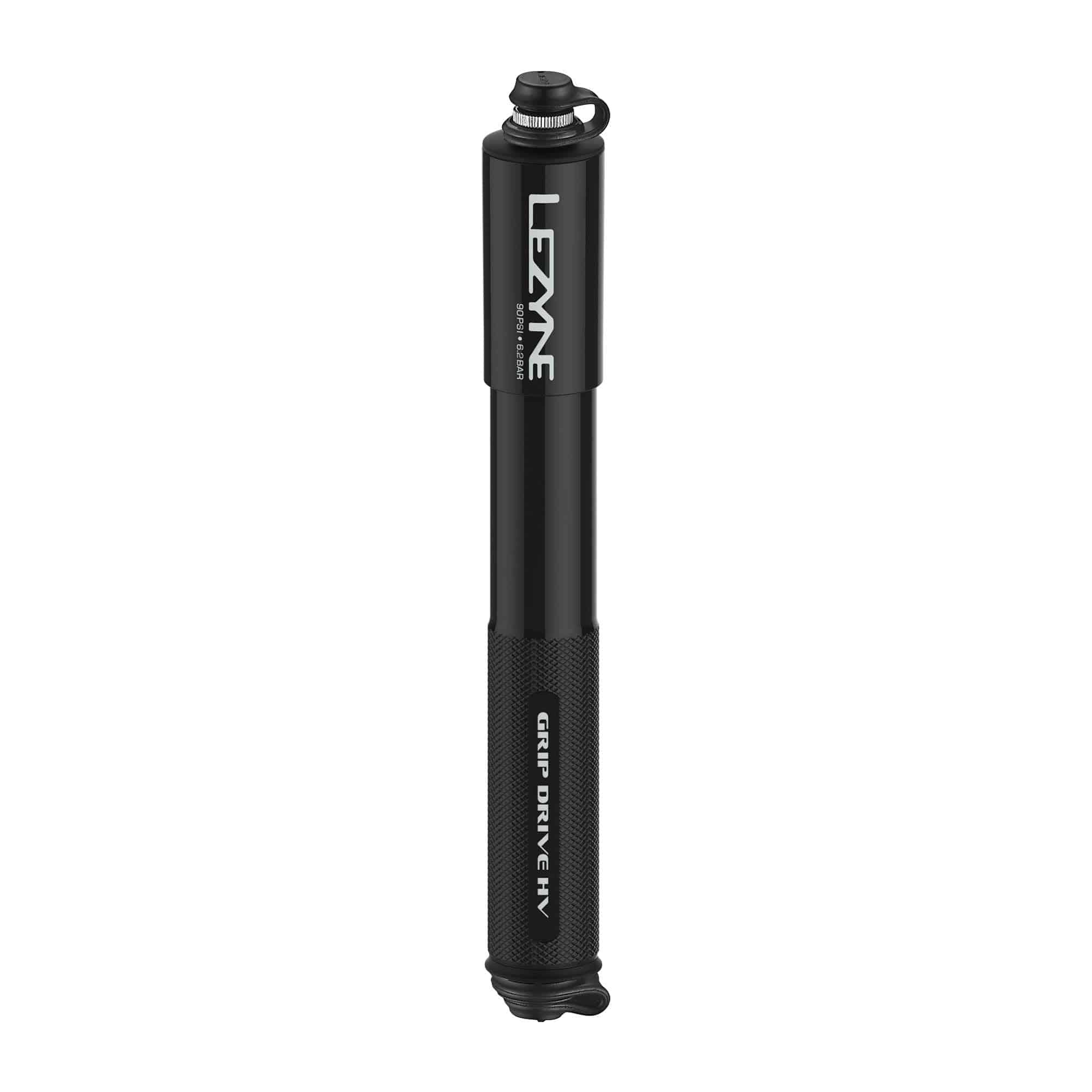 Lezyne Grip Drive HV hand pump with ABS flex hose for high-volume bike tires, compact bicycle accessories.