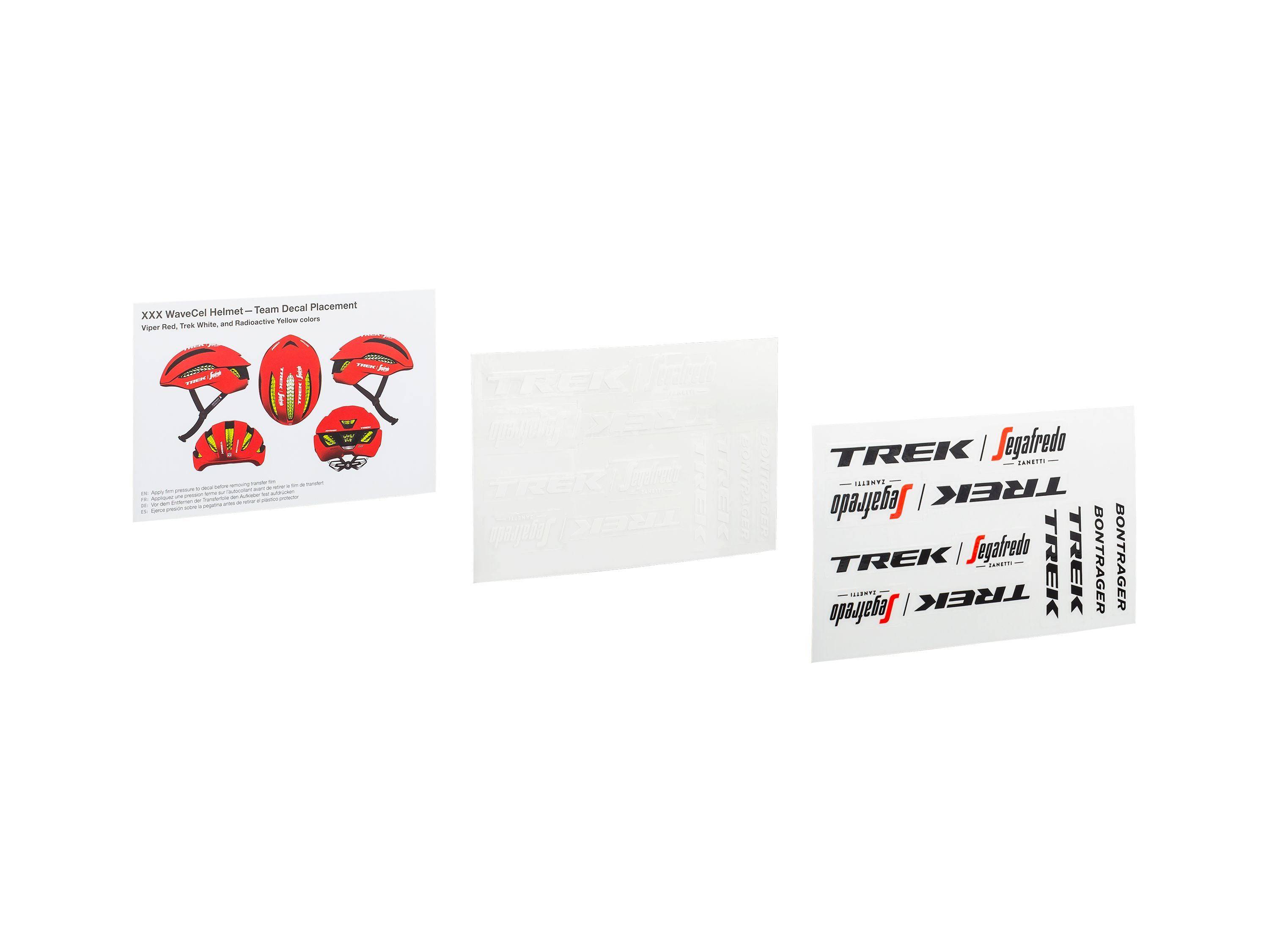 Bontrager XXX WaveCel helmet decals on black and red helmet for Trek-Segafredo cycling helmet, one size, with visible decal design.