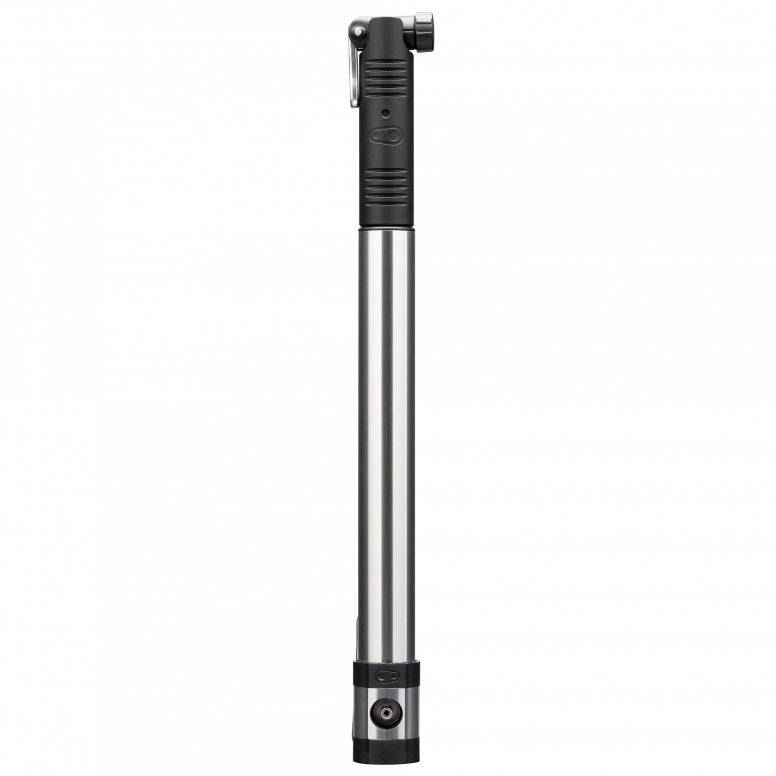 Crankbrothers Klic Mini Floor Pump in silver and black with magnetic hose, portable bike pump for inflating tires.