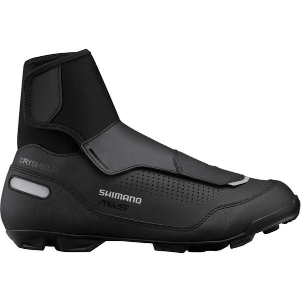Shimano MW5 waterproof MTB cycling shoes with reflective accents, warm and dry for mountain biking adventures.